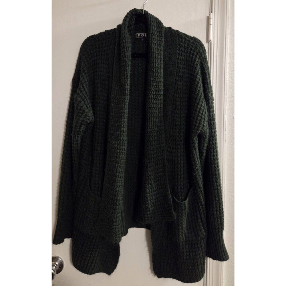 POL Cardigan Sweater Green Waffle Knit Open Front Oversized Boho Slouchy Pockets - Picture 3 of 12